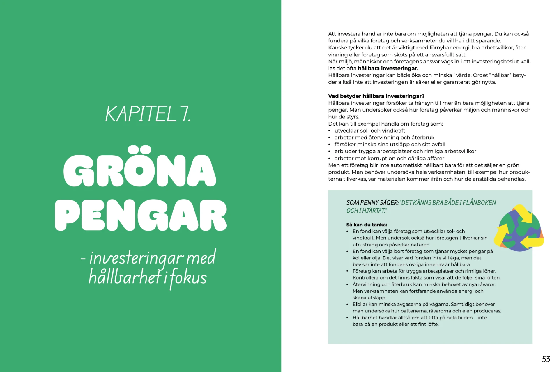 Uppslag med kapitelomslaget till kapitel 7: Gröna pengar och en förklaring av hållbara investeringar