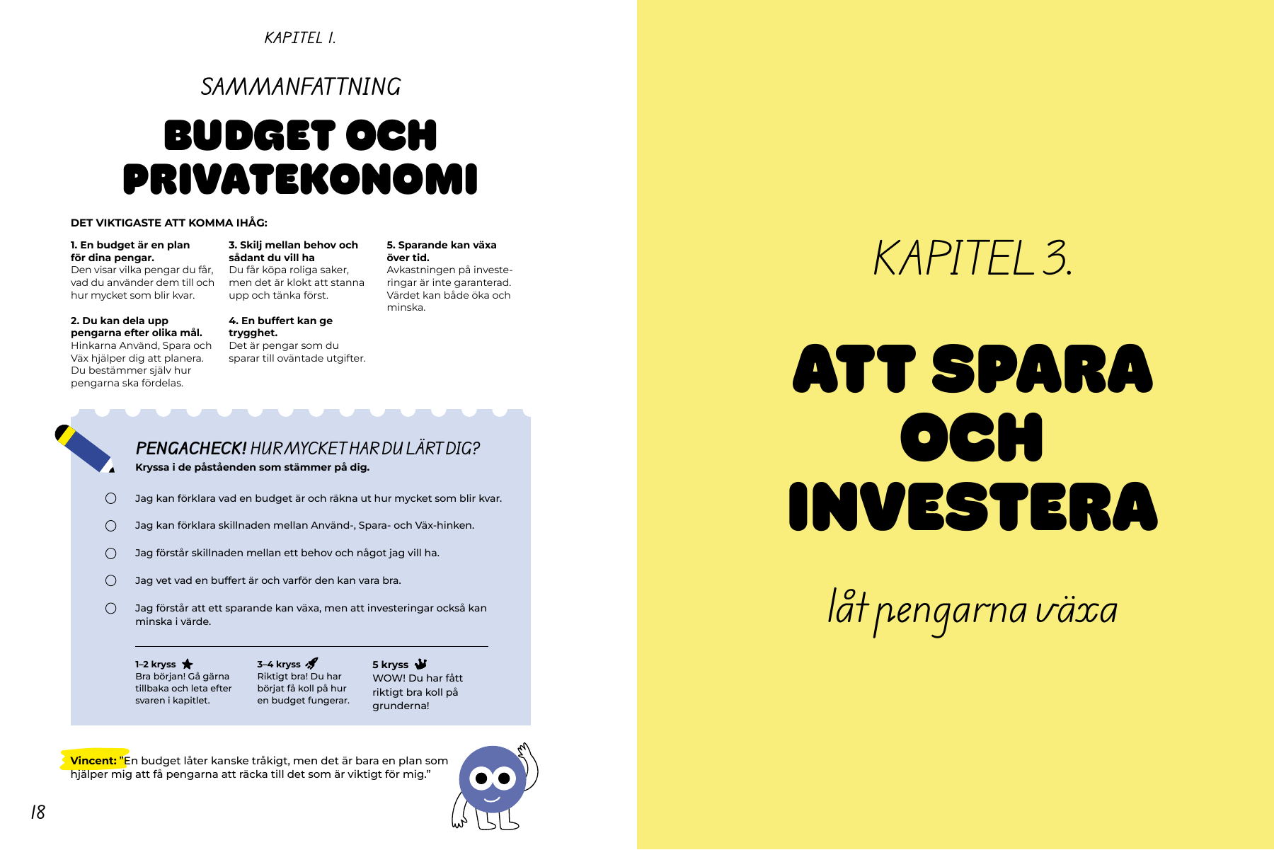 Uppslag om att spara och investera med ett gult kapitelomslag